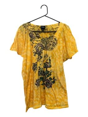 Y2K Vibes Style & Co. Yellow Short Sleeve Floral Rhinestones Graphic Tee 1X